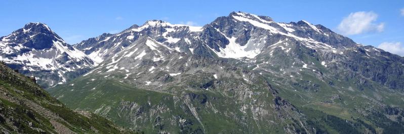 Bec de l'Âne, Becca du Lar et Tête du Ruitor vus depuis le sentier de traversée du couloir de l'Invergnau