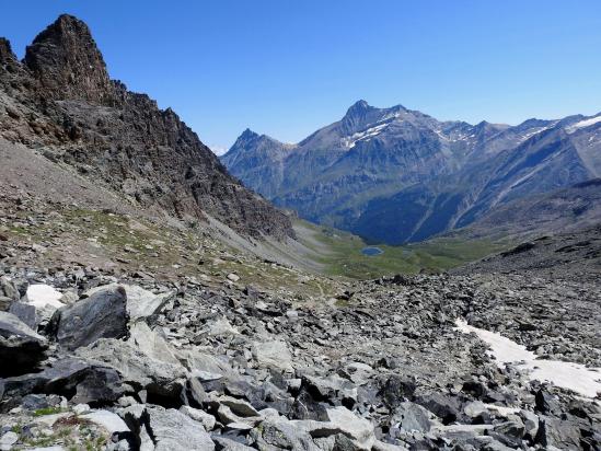 Dans la descente du col de l'Entrelor face à la Grivola (et en cherchant bien Dent d'Hérens, un demi-Cervin, le Lyskamm et le Mont-Rose)