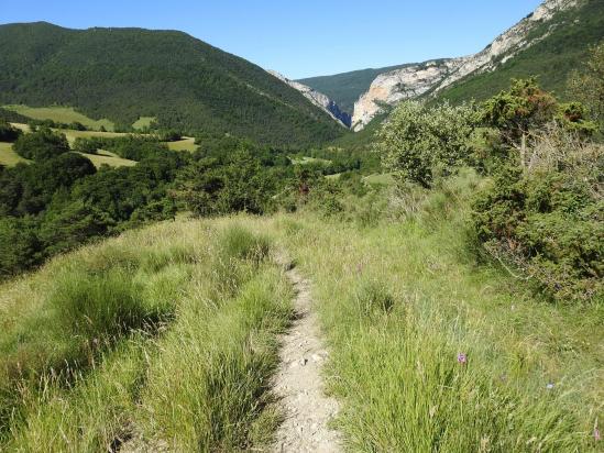 Sur le chemin au départ des Tonils, vue arrière sur l'entrée des gorges d'Omblèze